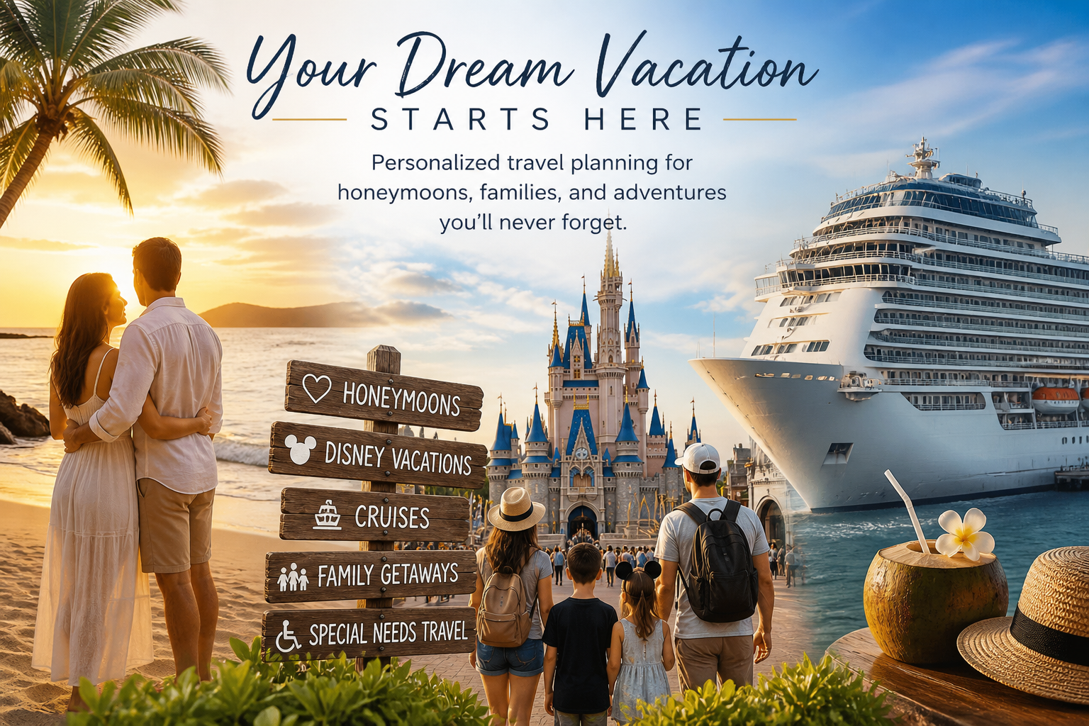 Travel agent in Concord NH helping plan honeymoons, Disney vacations, cruises, and family travel experiences