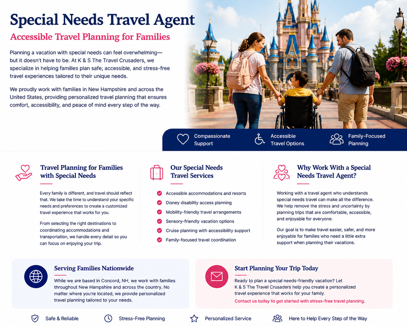 Special needs travel planning for families including accessible vacations, Disney trips, and cruise travel