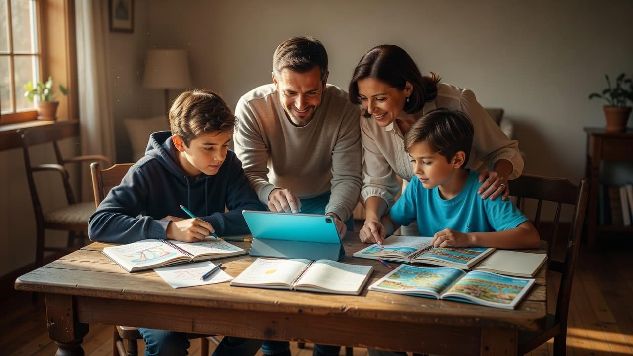 A family gathers around a wooden table to review travel plans on a tablet.