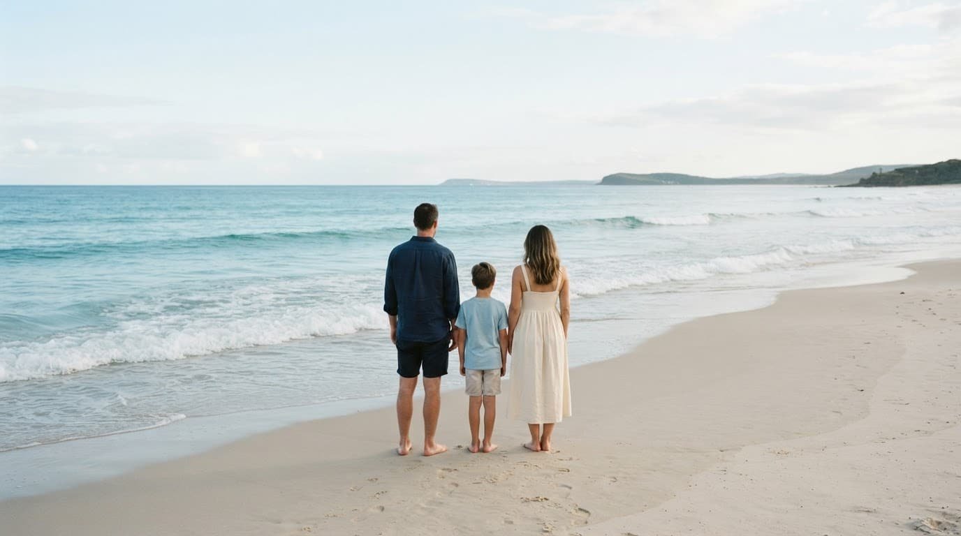 Autism-Friendly Beach Vacations With a Familiar Routine Three people stand on a quiet sandy beach looking out at gentle ocean waves.