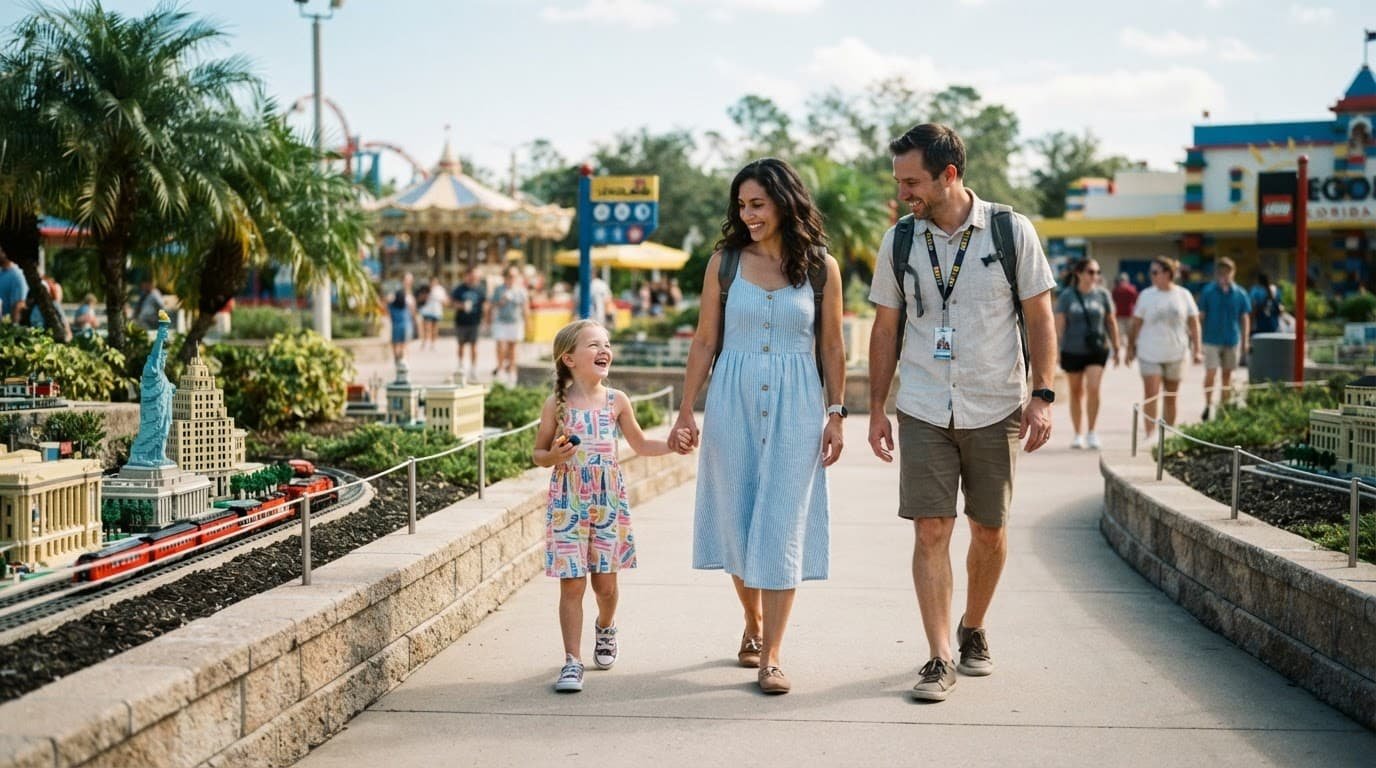 Parents and one child enjoy a calm theme park visit with a helpful staff member.