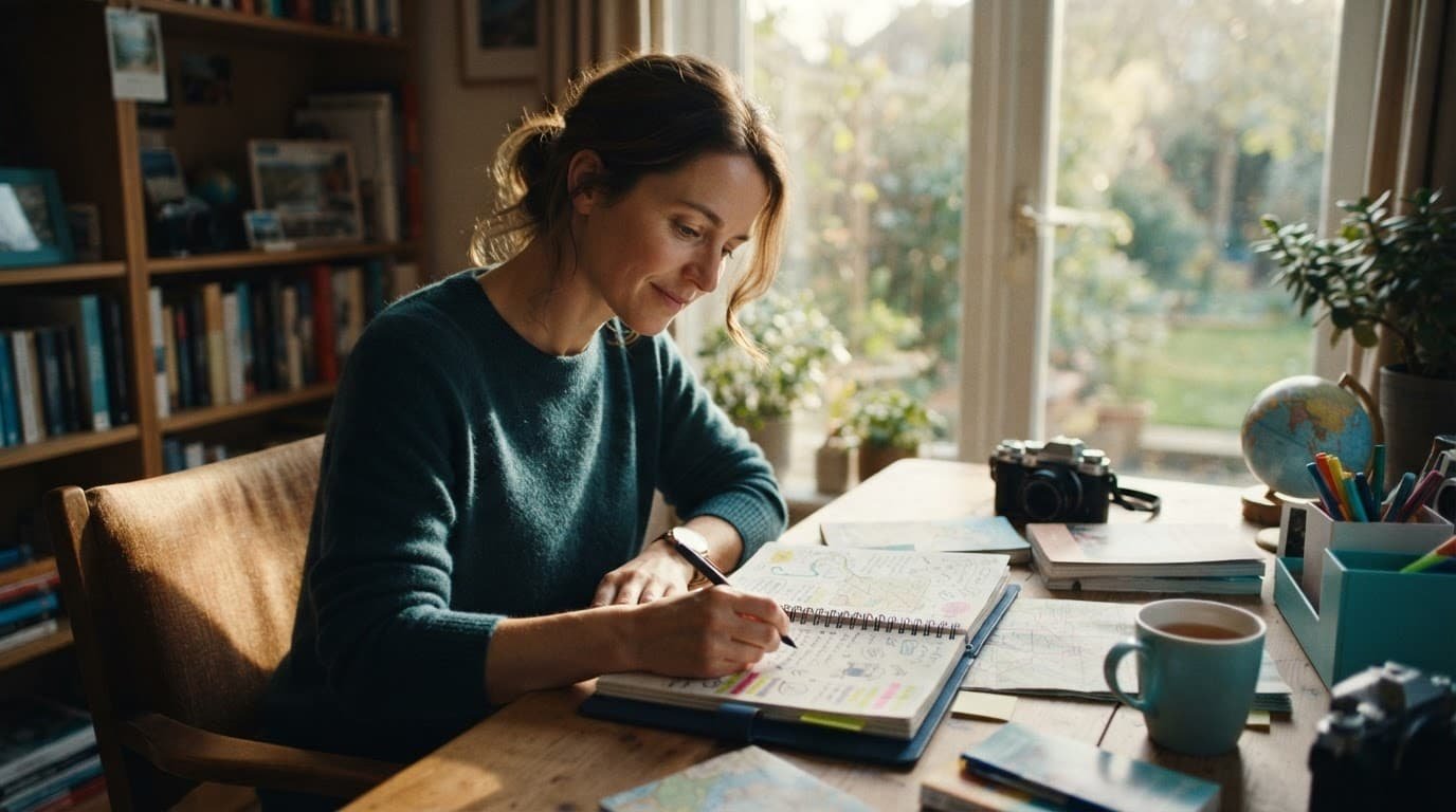 An adult traveler plans a theme park trip at a sunny desk.
