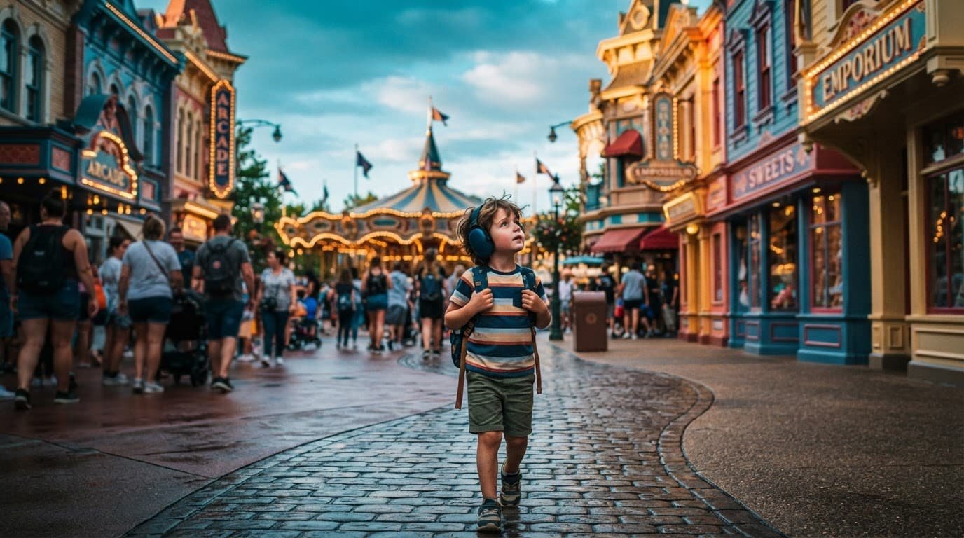 A child wearing blue noise-canceling headphones looks at glowing theme park storefronts.