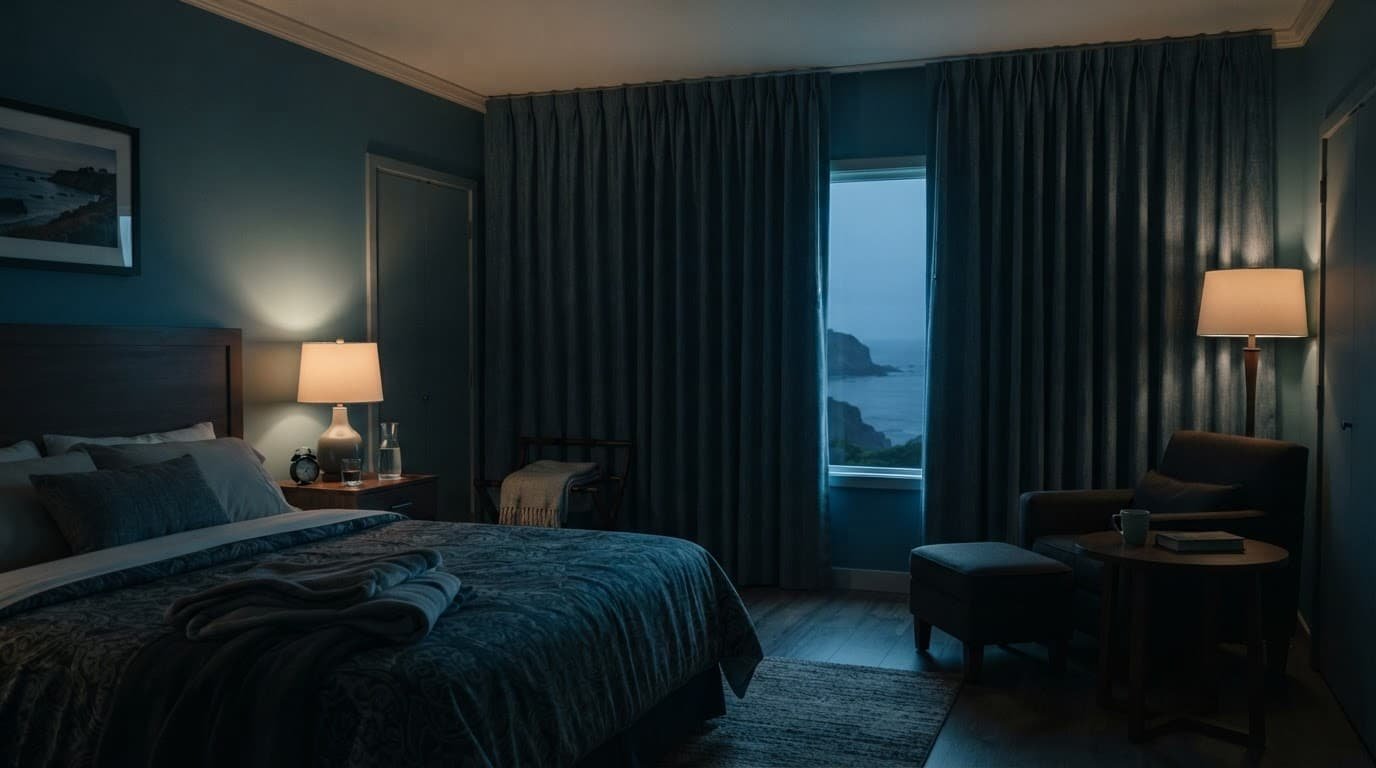 Autism-Friendly Beach Vacations With a Familiar Routine A hotel room with drawn blackout curtains overlooking a quiet coastline.