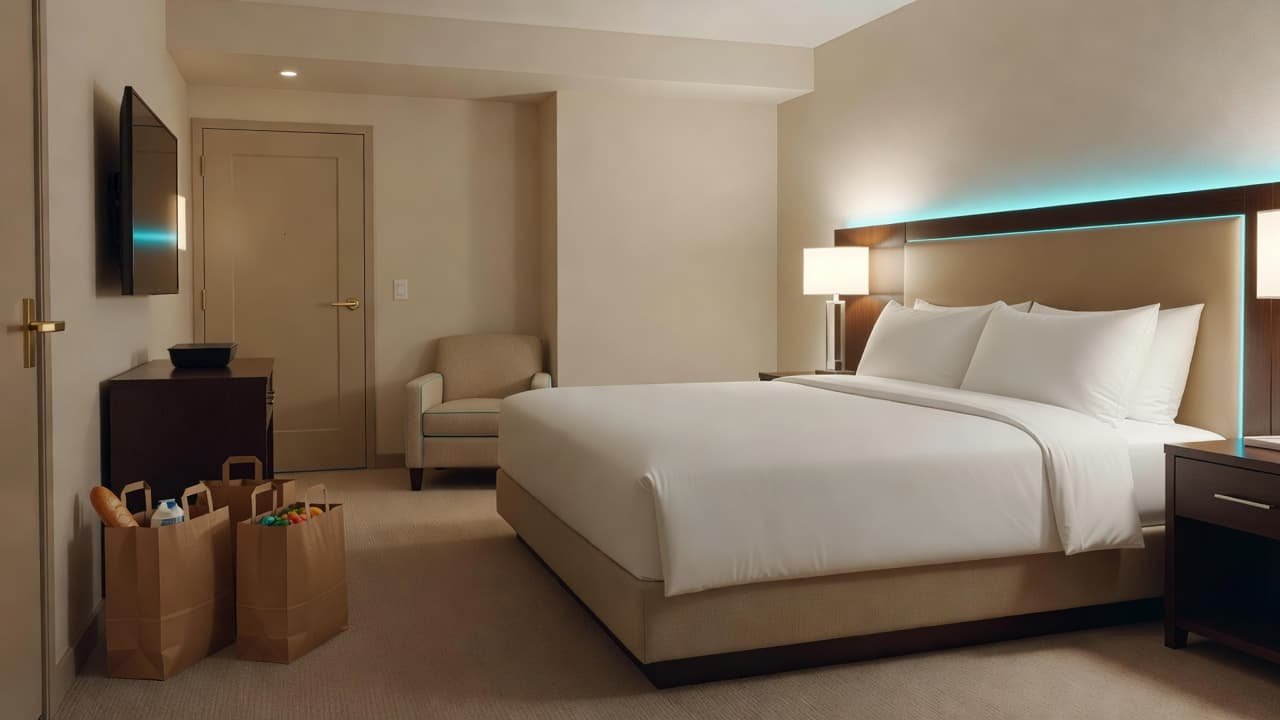 Disney Grocery Delivery for Autism Families: Less Food Stress Delivered grocery bags placed on the floor of a tidy and peaceful hotel room.