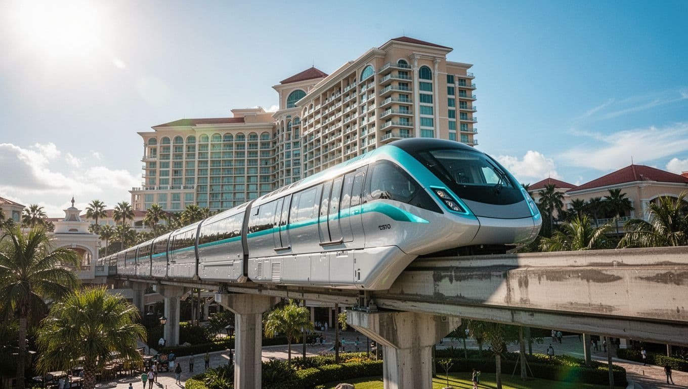 Disney World Autism Transportation: Bus, Monorail, and Skyliner Tips The Disney Monorail travels along an elevated track in front of a resort hotel.