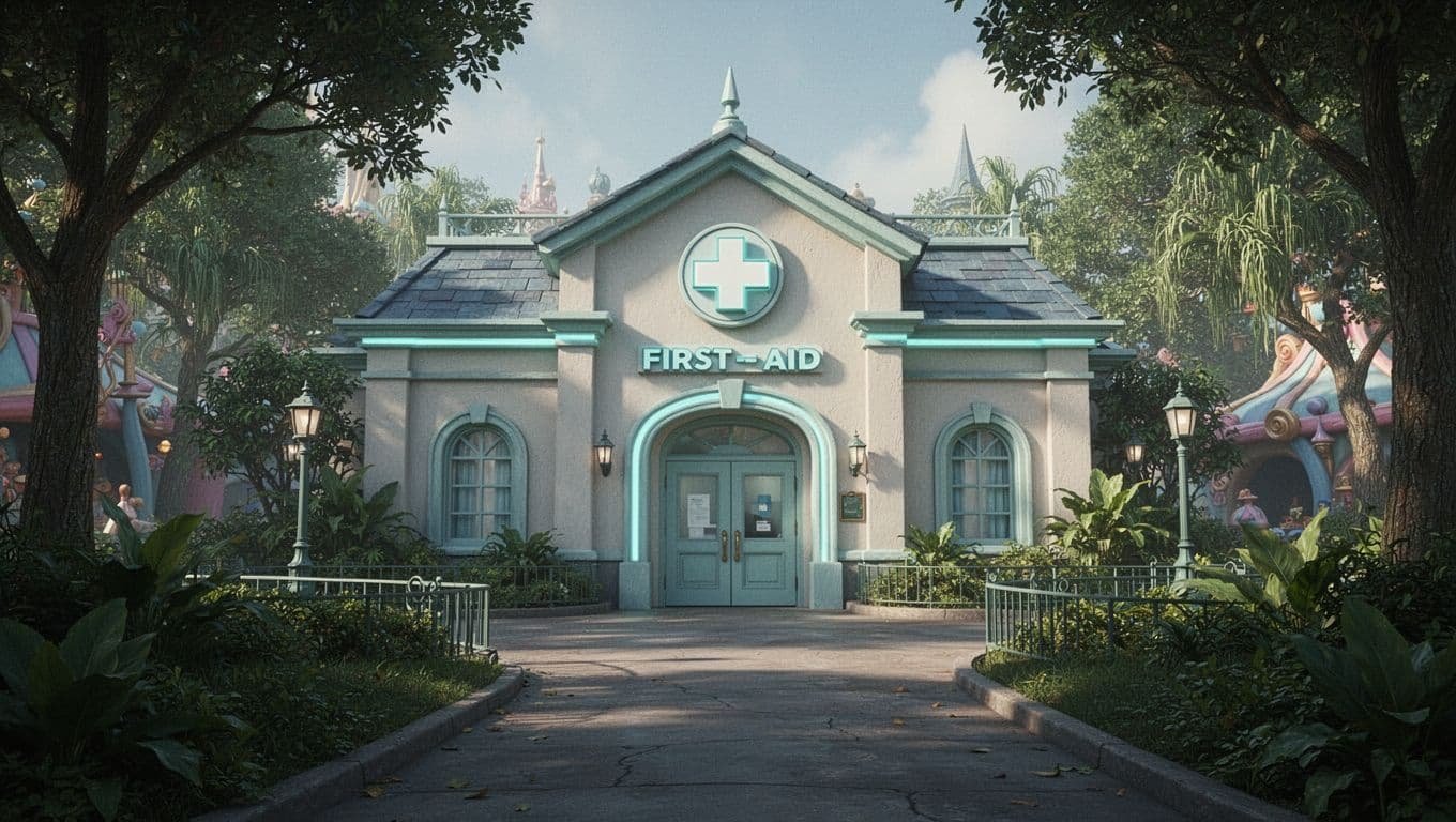 The exterior of a quiet first aid building decorated with a medical symbol and lush park plants.