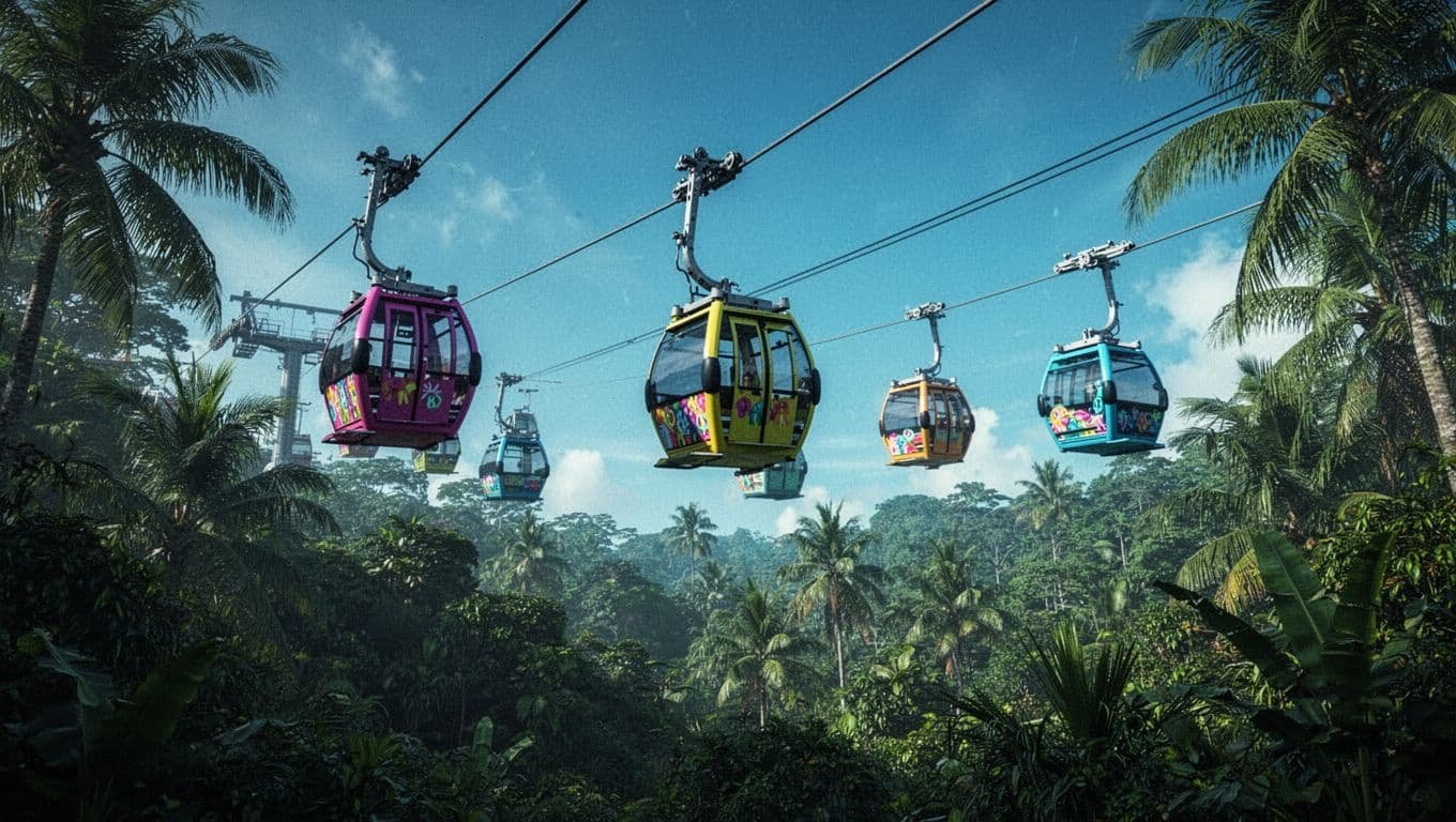 Disney World Autism Transportation: Bus, Monorail, and Skyliner Tips Vibrant Disney Skyliner gondolas moving through the air above lush Florida landscape.