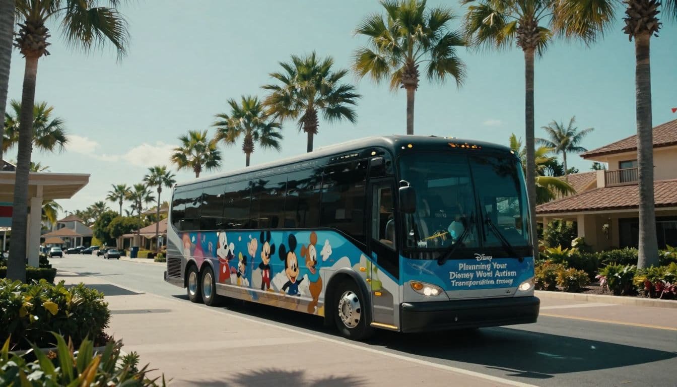 Disney World Autism Transportation: Bus, Monorail, and Skyliner Tips A character-themed Disney bus arriving at a sunny, palm-lined resort stop.
