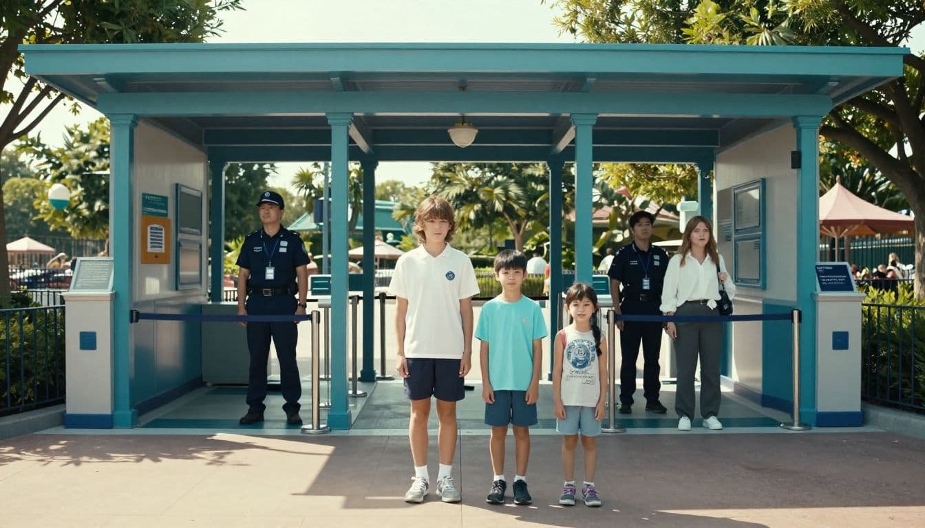 Disney Security and Sensory Sensitivities: A Calm Preparation Plan A relaxed family standing together at a park security checkpoint on a bright sunny morning.
