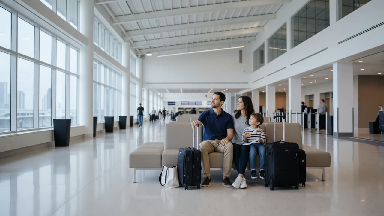 A family of three sitting calmly together in a bright airport terminal.