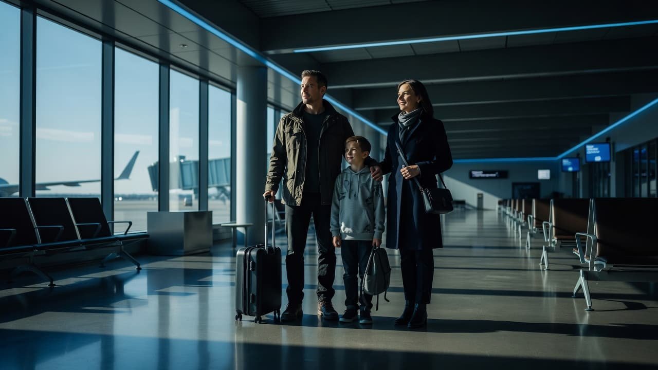 A relaxed family standing together near an airport boarding gate.