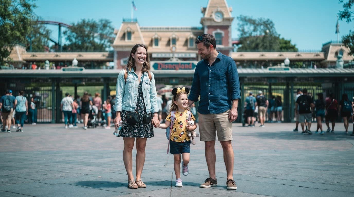 A smiling family of three standing outside the Disneyland park entrance in bright daylight.