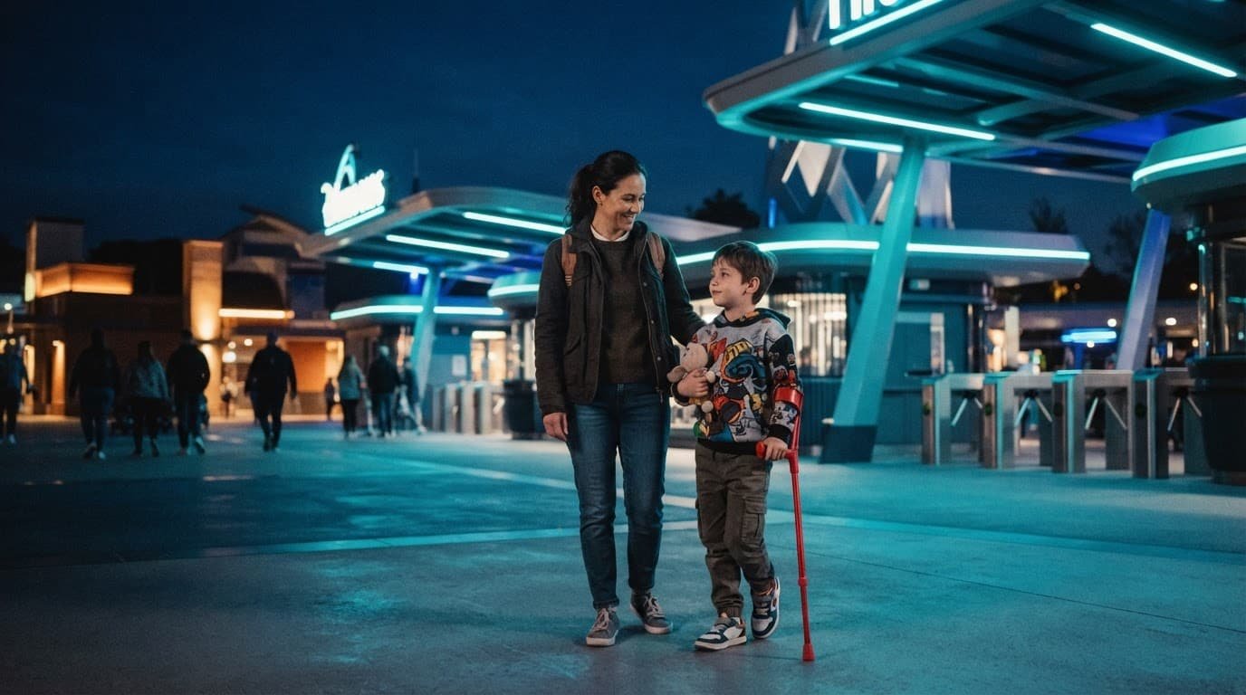 Disney World Virtual Queue Autism Guide for Families An adult and child stand together outside a modern theme park entrance at twilight.