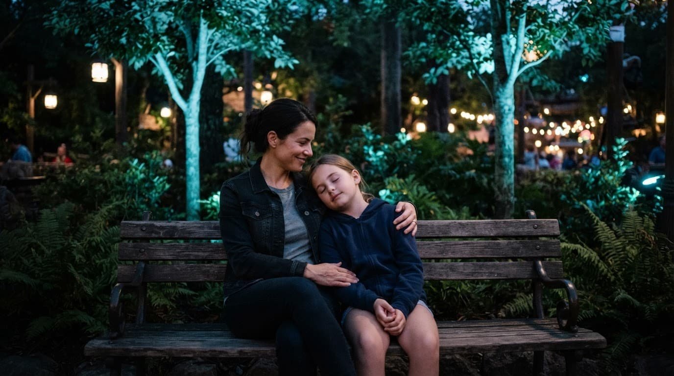 Disney World Virtual Queue Autism Guide for Families Two people sitting together quietly on a park bench in a shaded rest area.