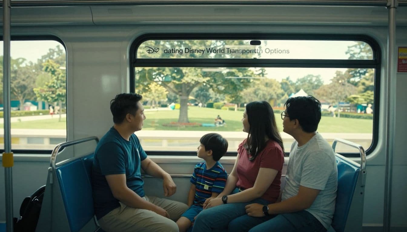 A calm family sitting together in a monorail car while looking out at the theme park.
