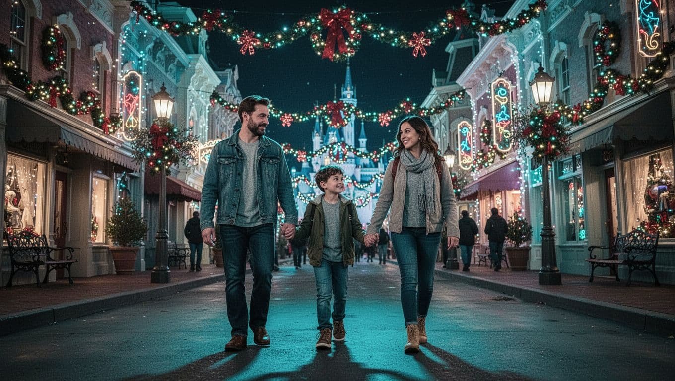 A family of three walking down a glowing, festive theme park street at night.