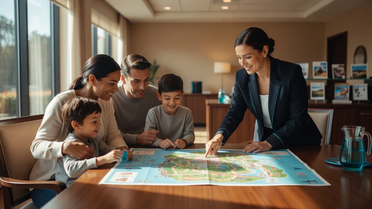 How a Disney Autism Travel Agent Supports Your Family A friendly travel agent shows a park map to a family sitting together in a bright office.