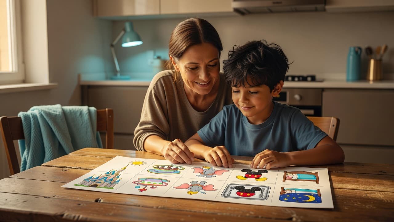 Disney Autism Guide Ebook for Flexible Park Days A parent and child looking at an illustrated schedule at a wooden kitchen table.