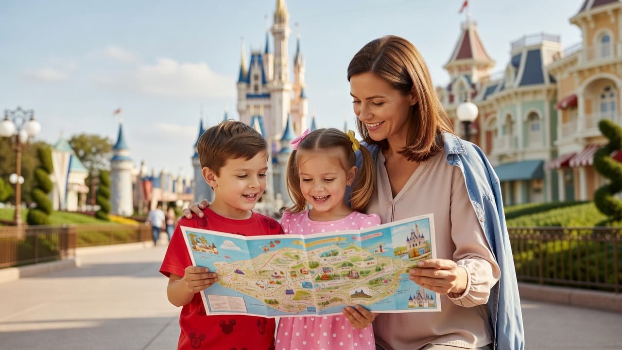 A mother and two kids looking at park maps together on a bench.