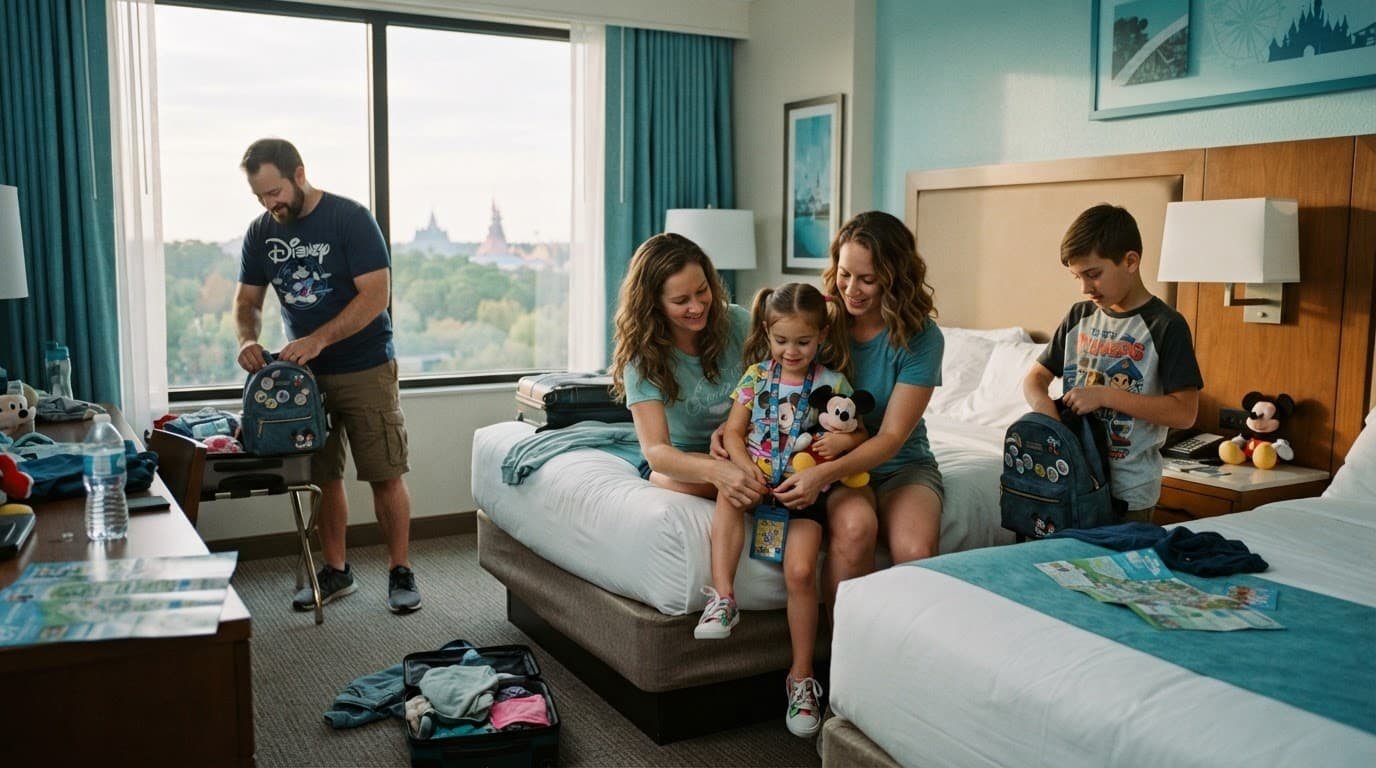 Disney World Virtual Queue Tips for Autism Families A family of four getting ready in a sunny hotel room for a theme park day.