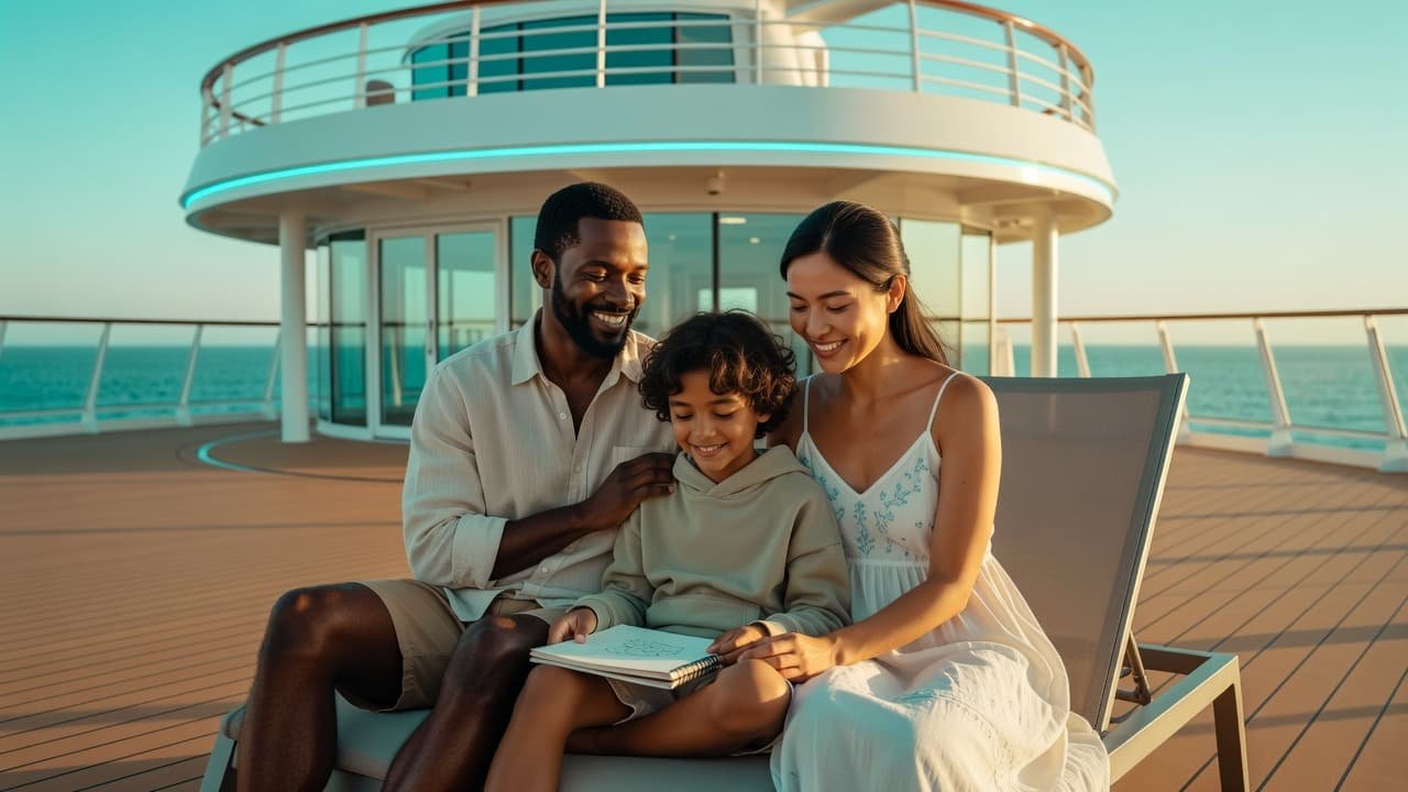 A diverse family smiling together on the sunny deck of a modern cruise ship.