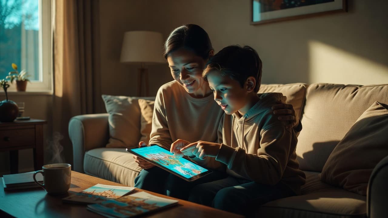 A parent and child sit together on a plush sofa, looking intently at a digital tablet. Soft light illuminates their faces as they browse colorful vacation imagery in a cozy living room.