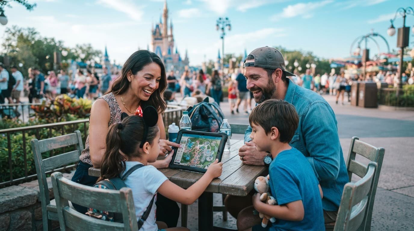 A family looking at a digital theme park map together on a tablet outdoors.