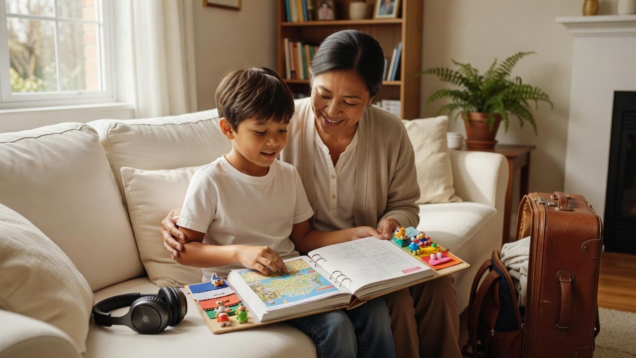 A parent and child look at a travel planner together on a sunny living room sofa.
