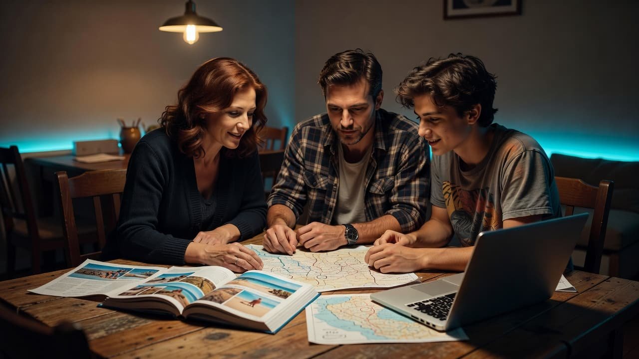Disney World Autism Tips for Teens and Tweens A family planning a vacation together at a dining table under cool lighting.