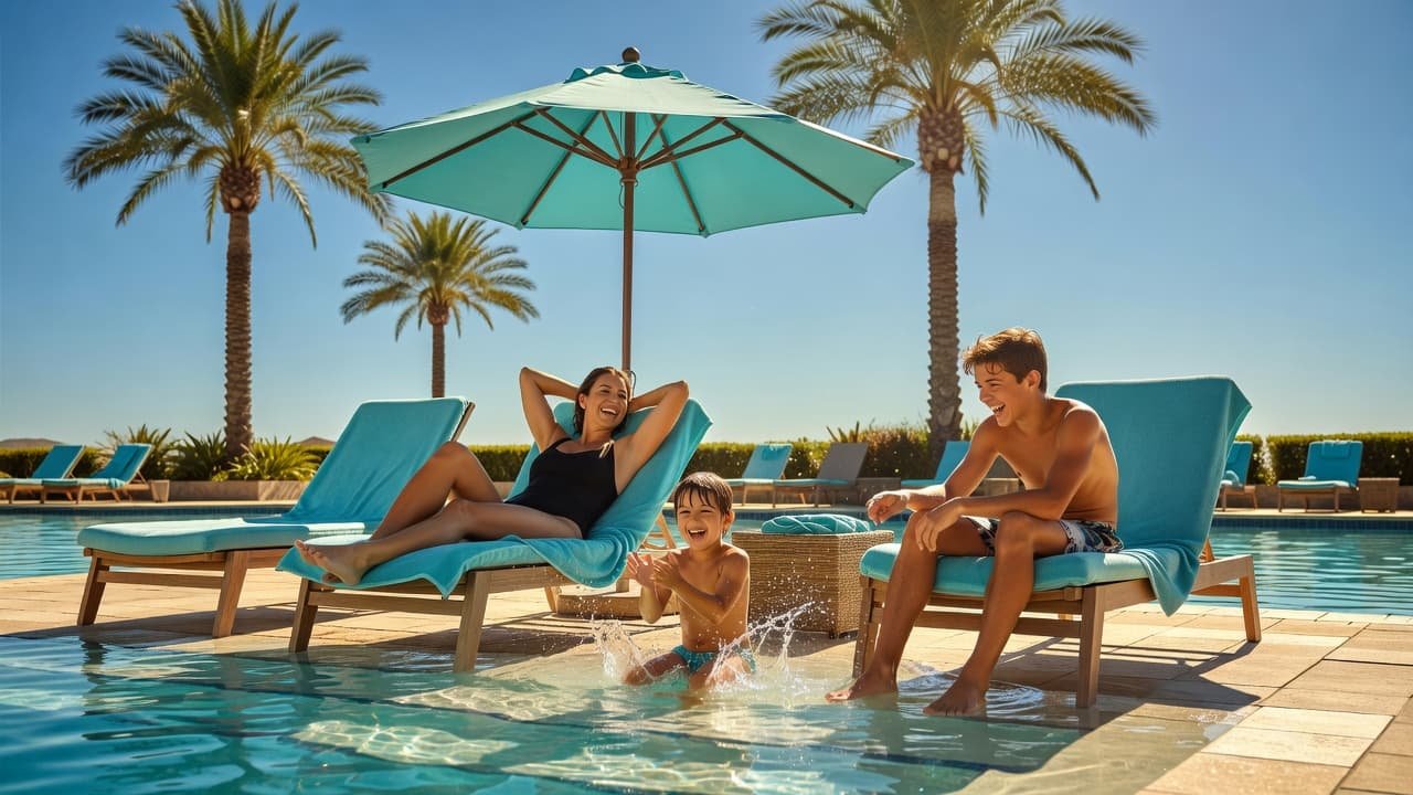 An adult woman sits with her two children on cushioned lounge chairs by a bright blue pool. Tall palm trees surround the area under a clear sky with vibrant cyan accents.