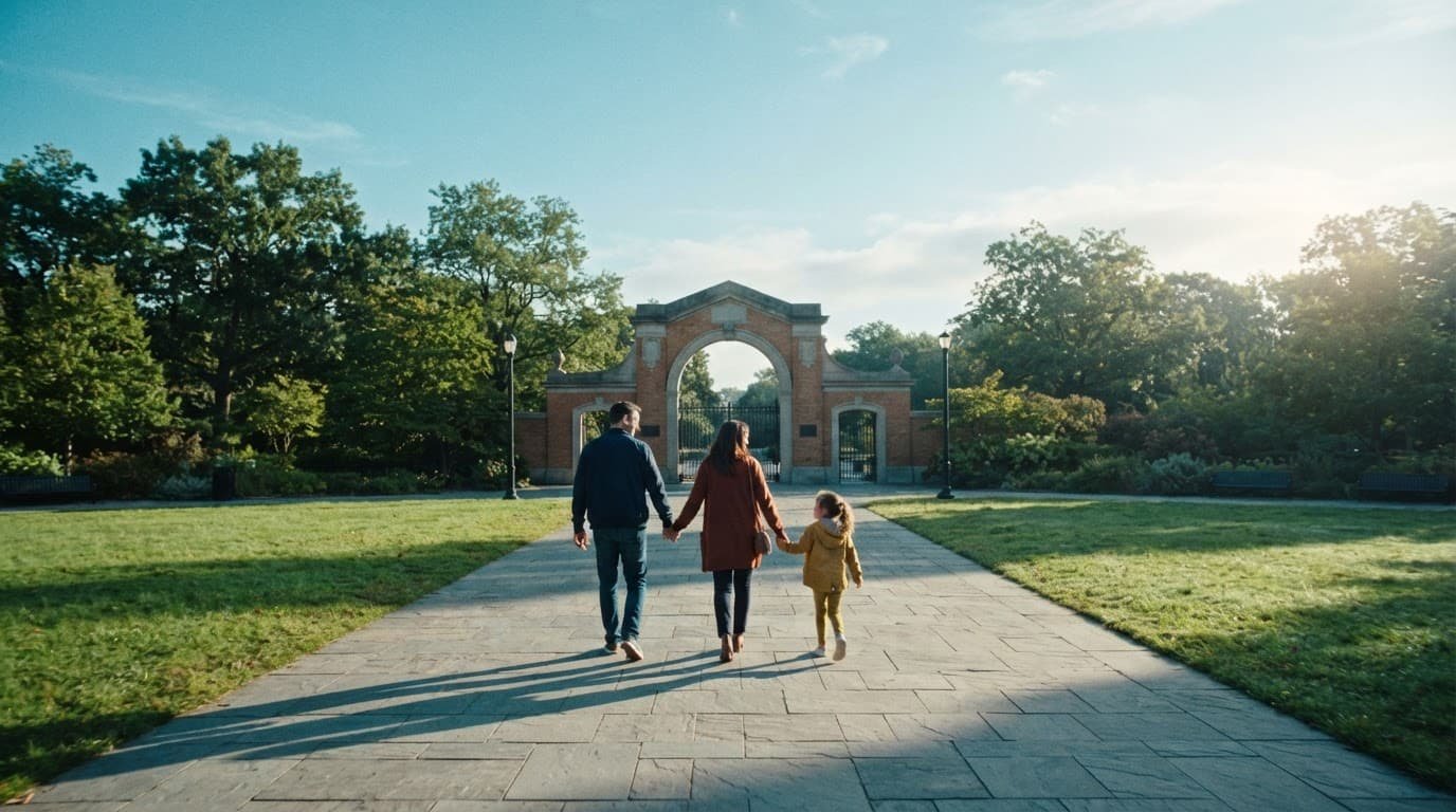 Disney World Virtual Queue Tips for Autism Families Three family members walking together along a wide path toward a park entrance.