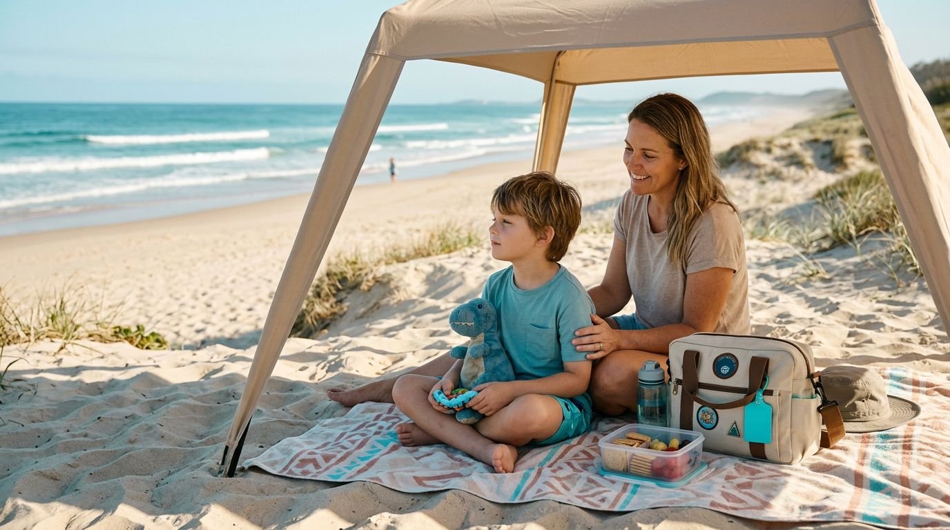 Autism-Friendly Beach Vacations With a Familiar Routine An autistic child sits under a beach canopy with a parent, looking calmly at the ocean waves.