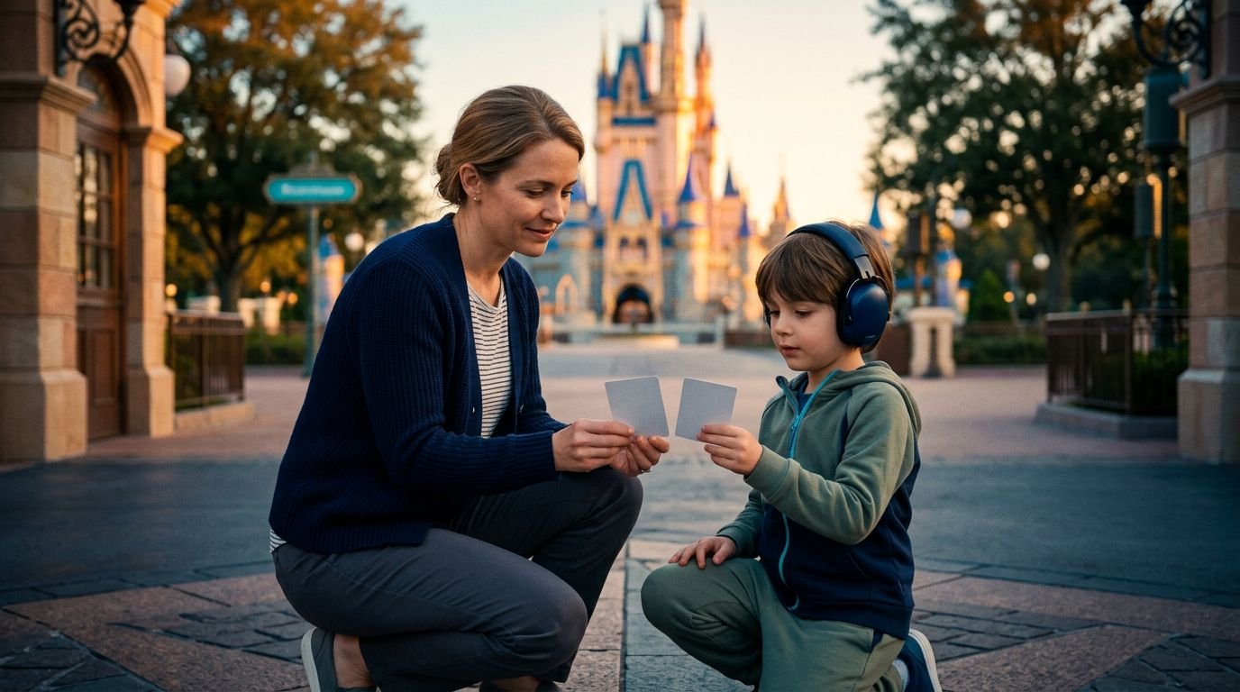 A mother kneeling next to her child in sensory headphones while looking at park tickets.