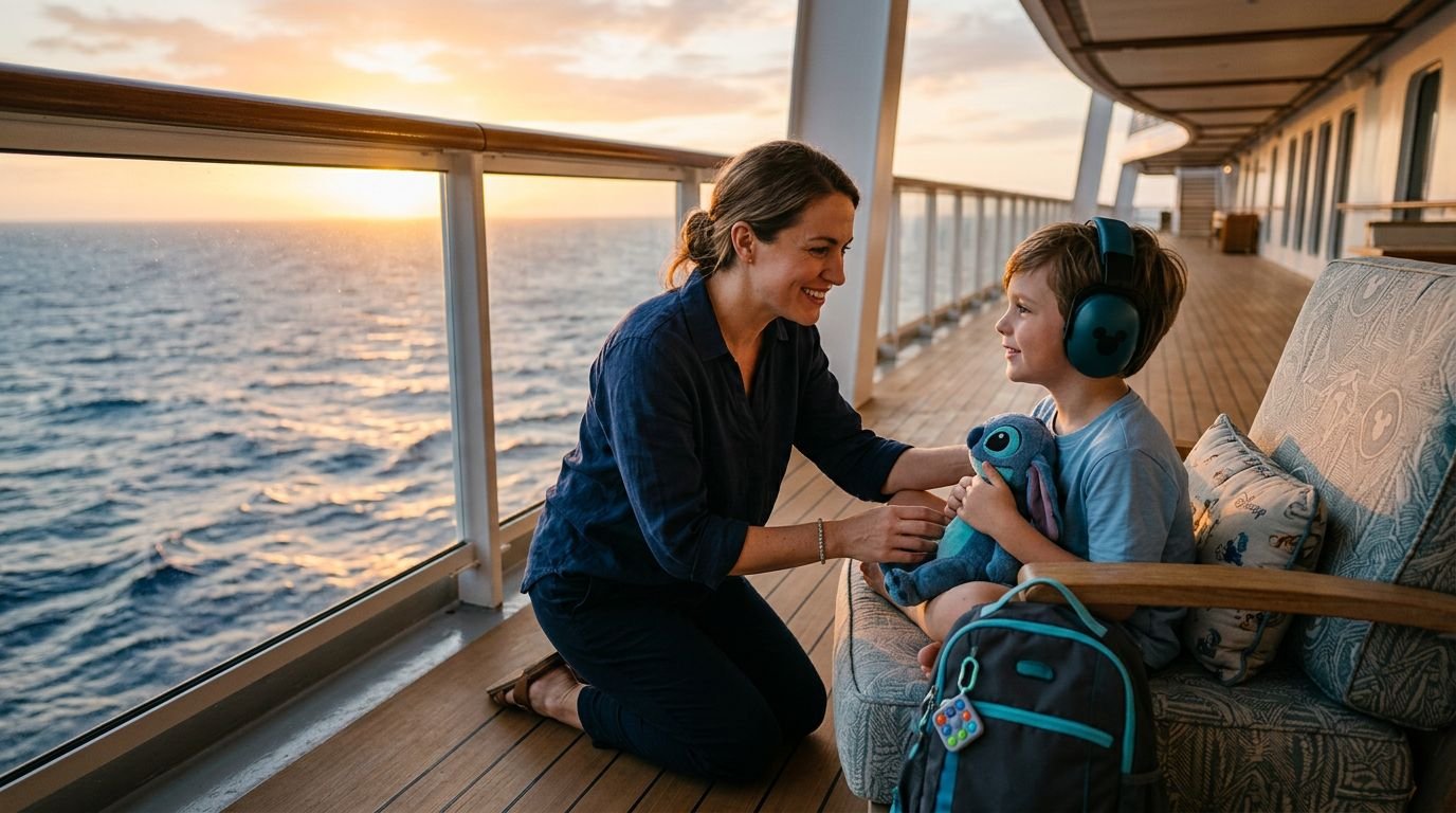A mother kneels next to her child wearing headphones on a cruise ship deck at sunset.