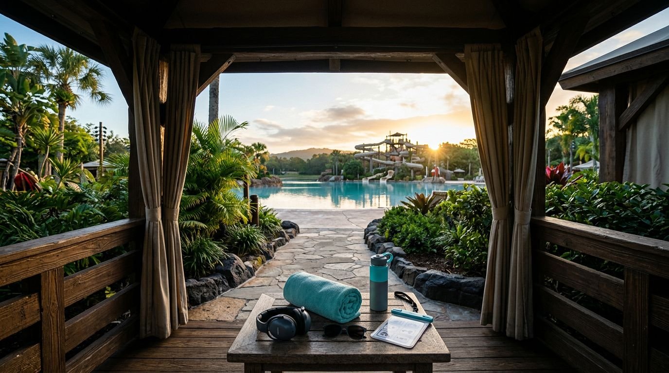 Disney Water Parks Autism: A Family Planning Guide Sensory essentials and headphones on a cabana table overlooking a quiet water park pool.