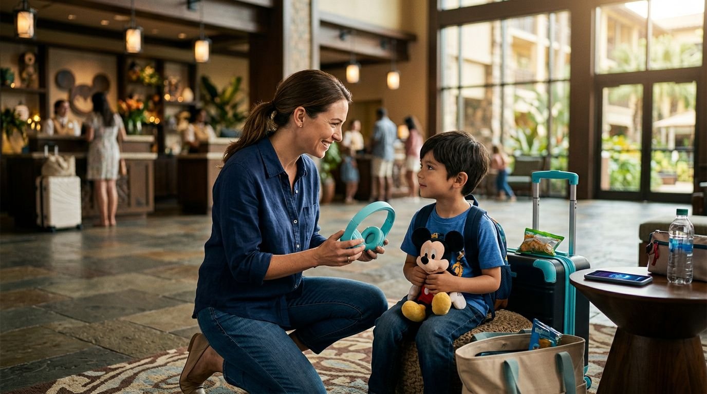 Disney World Autism Resort Check-In Tips for Families A mother kneels to comfort her child with headphones in a bright resort lobby.