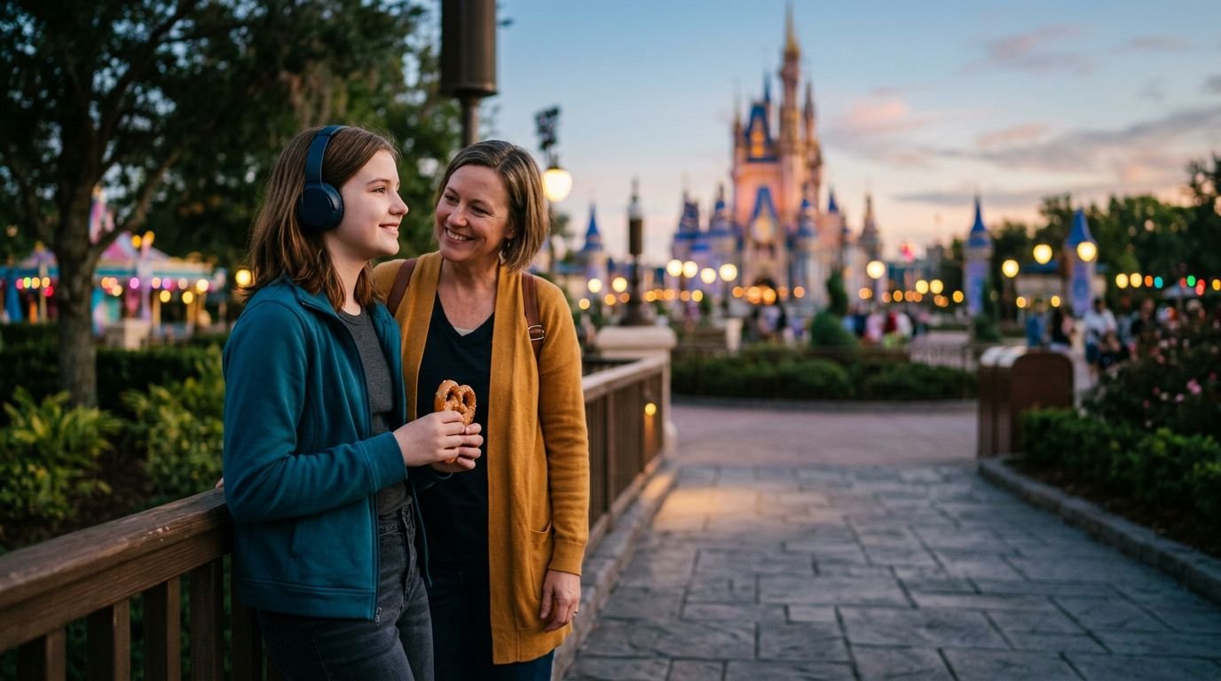 Disney World Autism Tips for Teens and Tweens A calm teenage girl with noise-canceling headphones stands with a parent on a quiet Disney pathway.