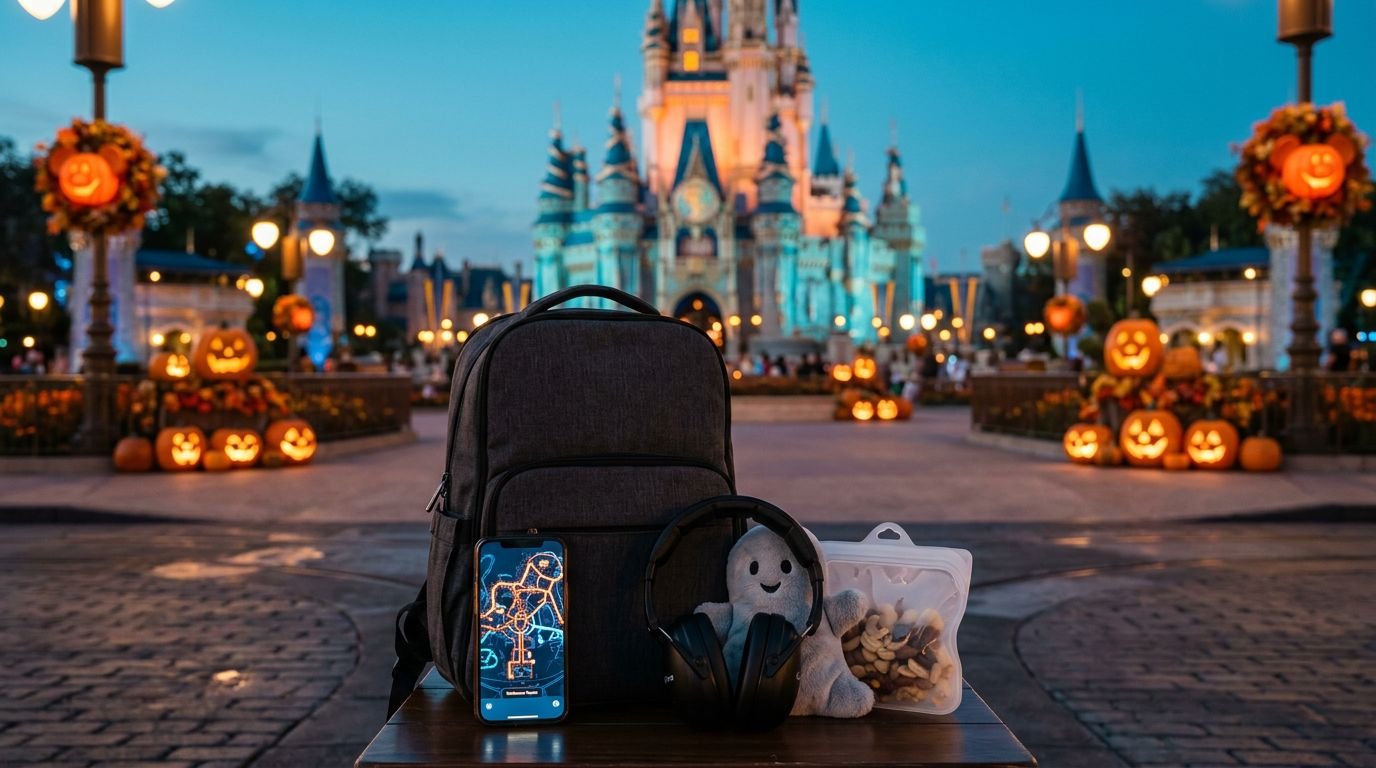 A sensory-friendly backpack with headphones and a plush toy overlooking Cinderella Castle.