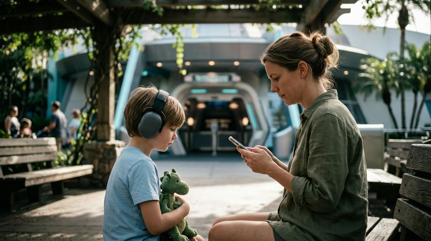 Disney World Virtual Queue Autism Guide for Families A mother checking her phone next to her child wearing headphones at a theme park.
