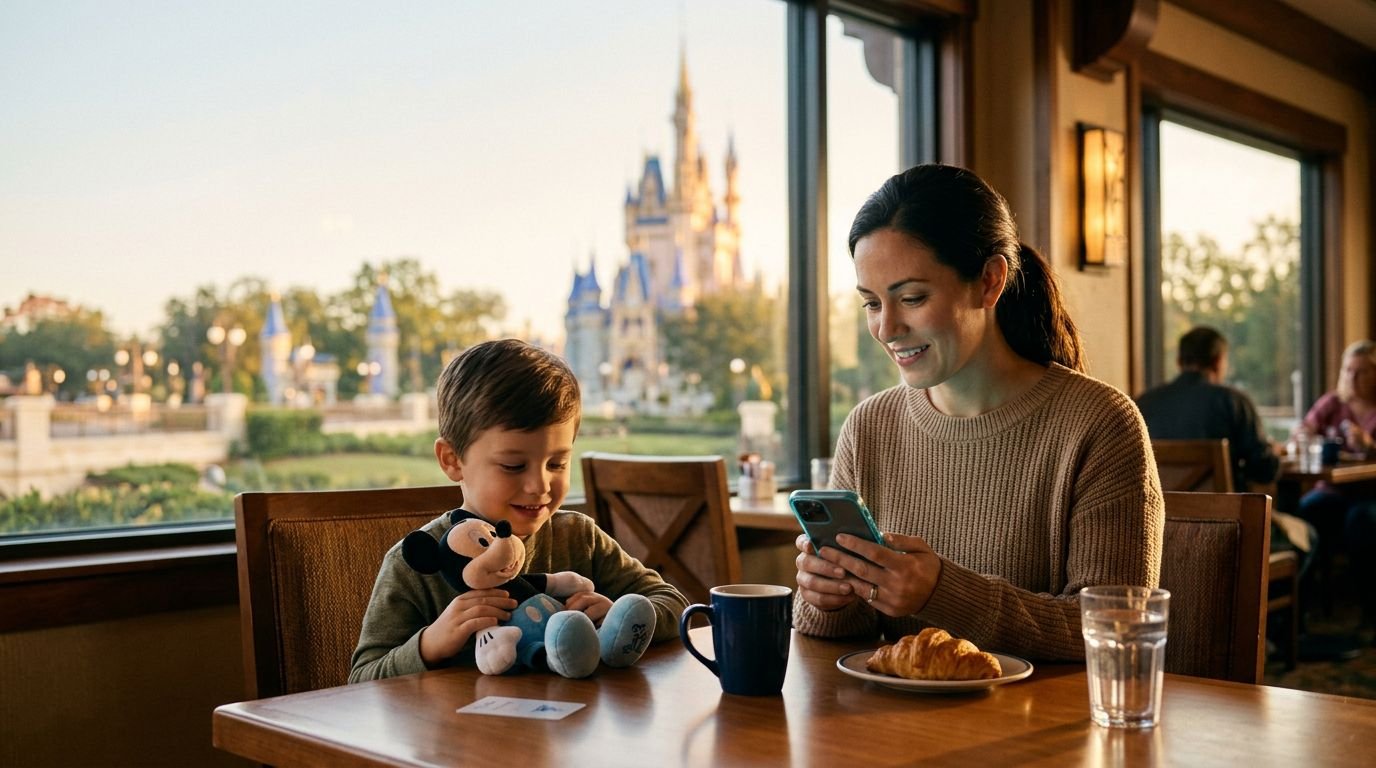 Disney World Virtual Queue Tips for Autism Families A mother and child look at a phone together at a resort table with a castle view.