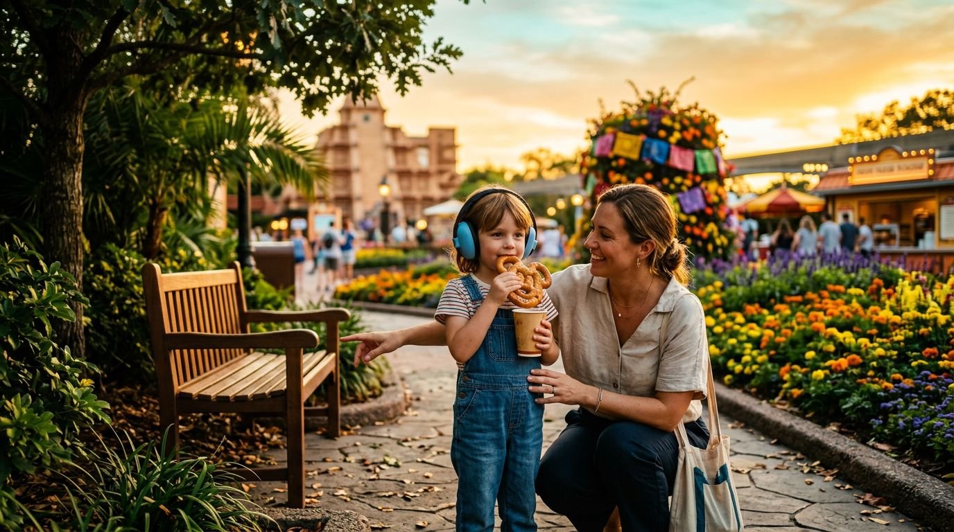 A child in noise-canceling headphones stands with a parent near a quiet garden bench at EPCOT.