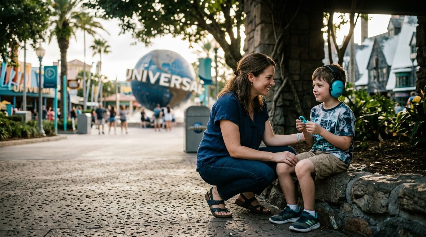 A mother gently comforting her son wearing headphones in a quiet theme park area.