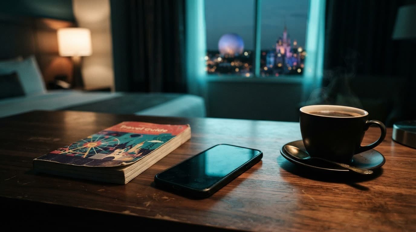 A smartphone and travel guide on a wooden desk next to coffee.