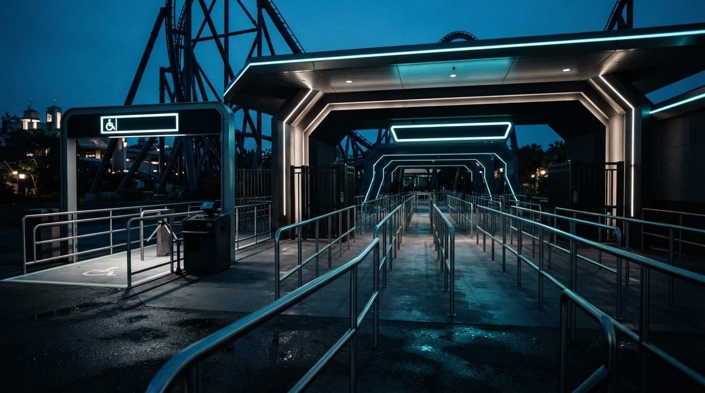 An empty modern theme park entrance gate with sleek queue railings and dramatic lighting.