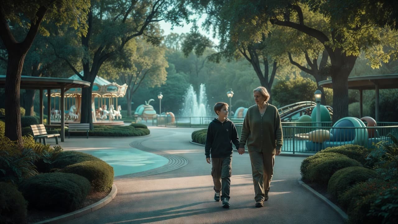 A parent and child walking together along a paved path in a sunny park.