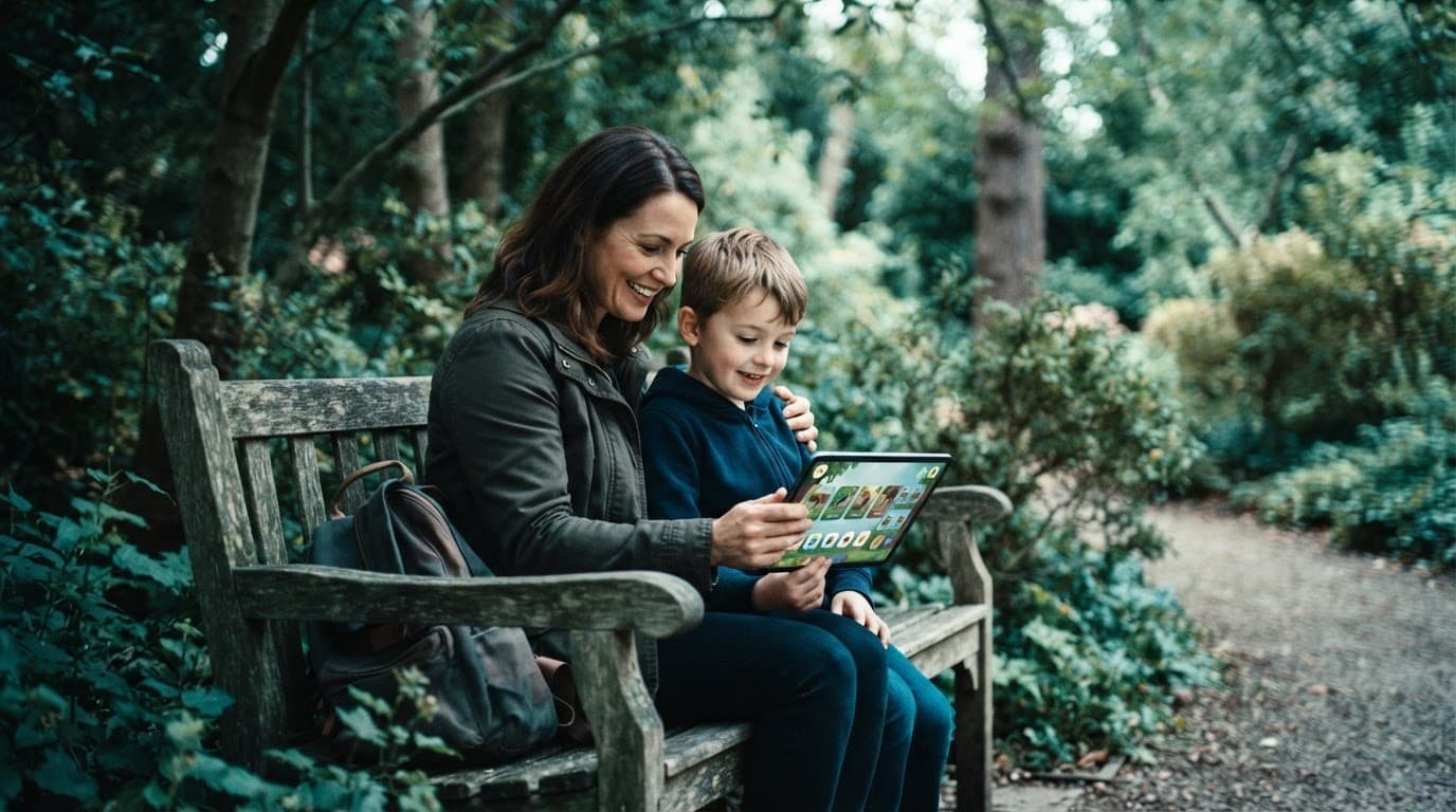 A parent and child share a tablet while sitting together on a garden bench.