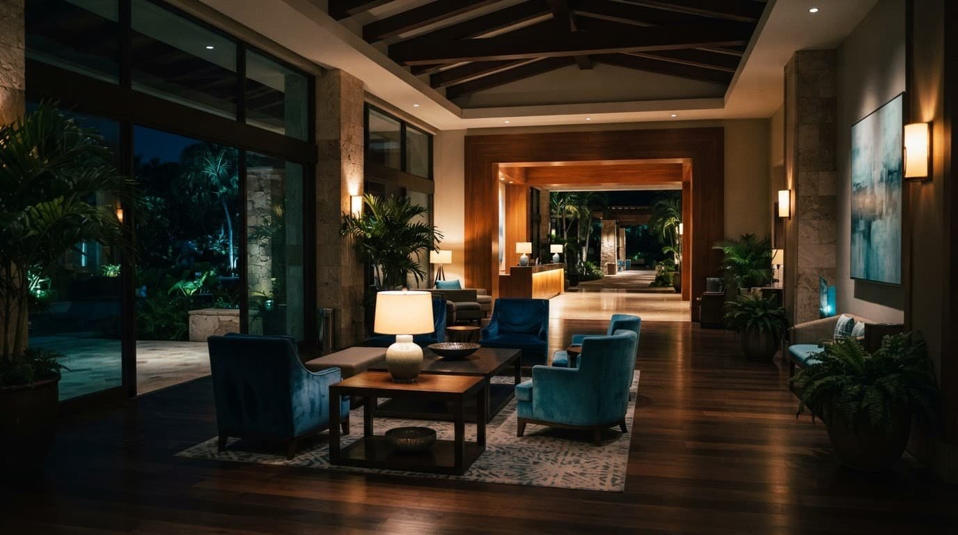 A quiet resort lobby with lounge chairs, tables, and warm lighting.