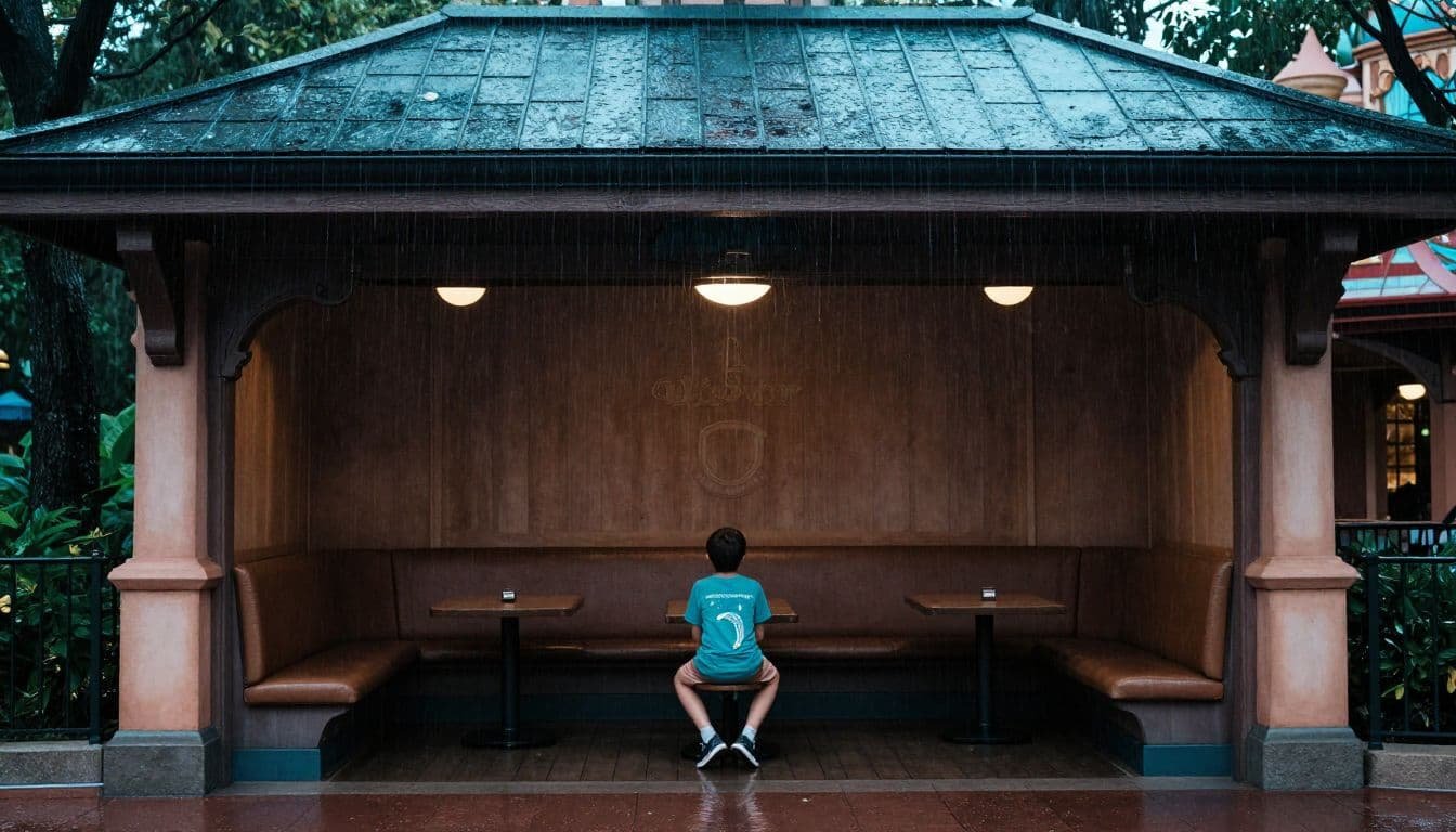 Disney Rainy Day Tips for Sensory-Sensitive Kids A sheltered, softly lit seating alcove provides a quiet escape from the rain at a theme park.