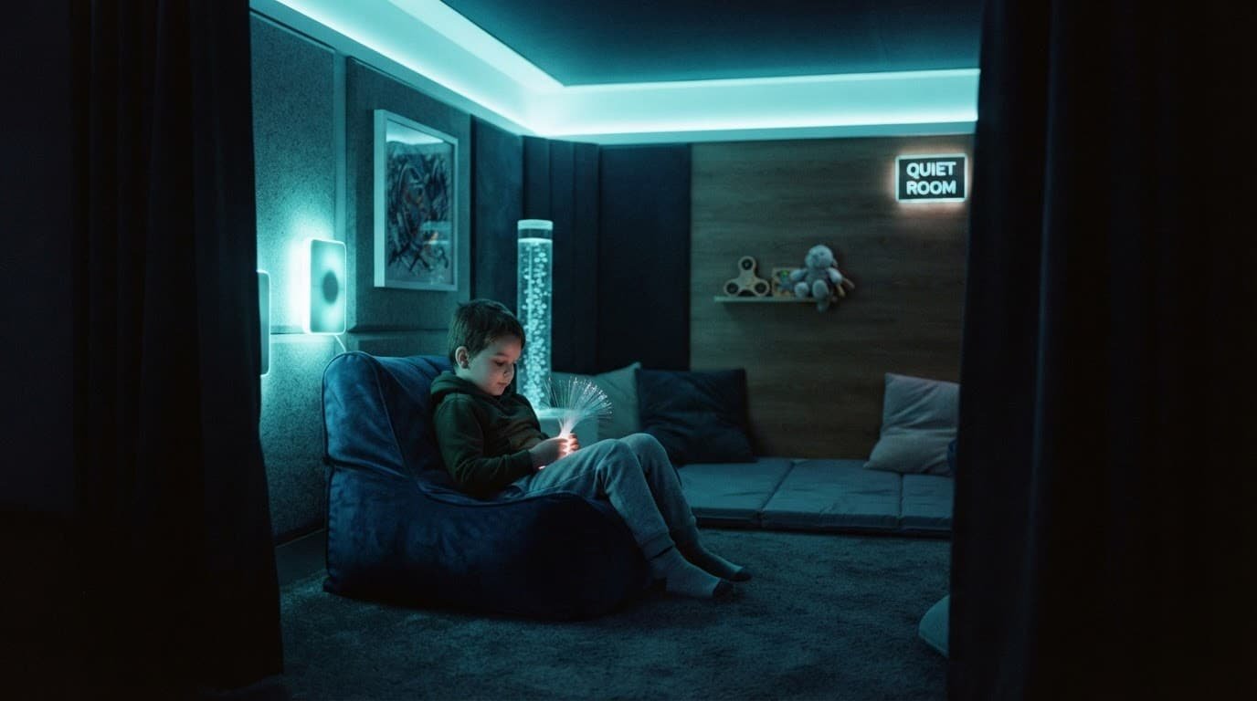 A child sits in a softly lit sensory room with cushioned seating and cyan accents.